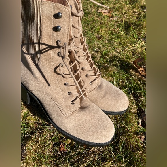 Journee Women's Tru Comfort Kassia Lace Up Stacked Heel Faux Suede Booties Taupe - Picture 13 of 16